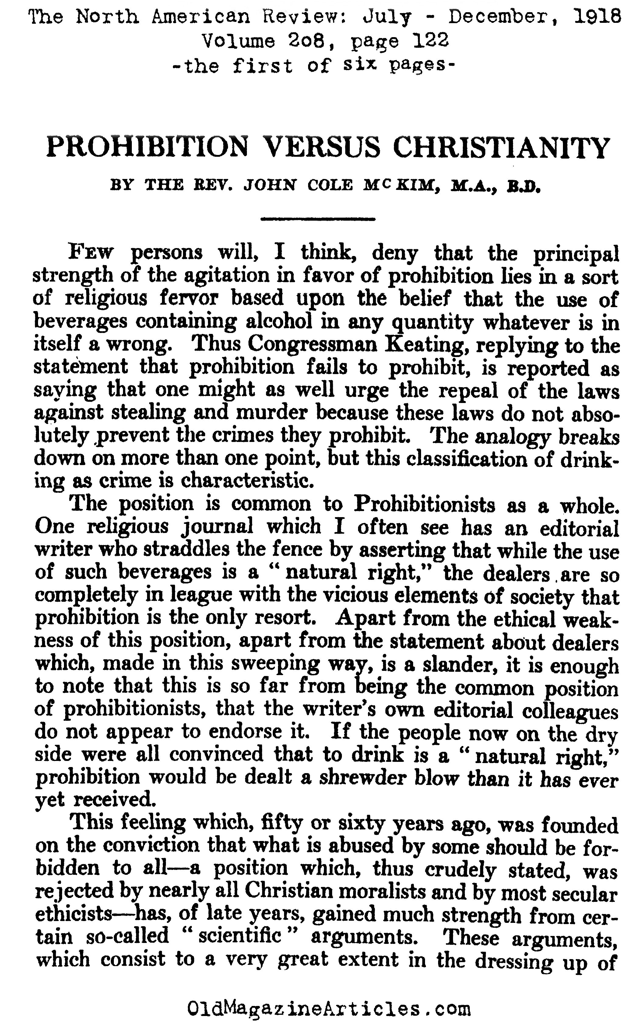 Christianity vs. Prohibition  (The North American Review, 1918)